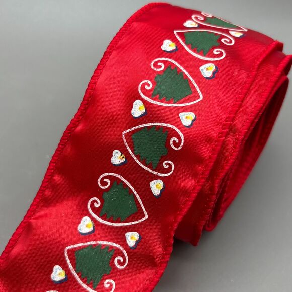 Vintage Wired Satin Christmas Ribbon 80s Folk Art Red Hearts Trees Print 5+ Yds - Picture 1 of 9